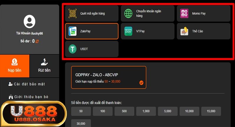 7 phương thức nạp tiền phổ biến được U888 hỗ trợ